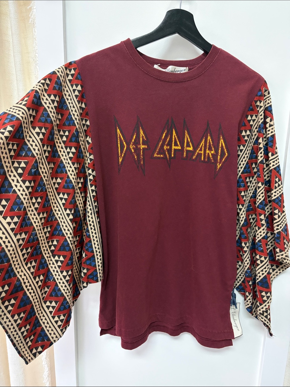 Upcycled Def Leppard Tee with India Block Print Sleeves